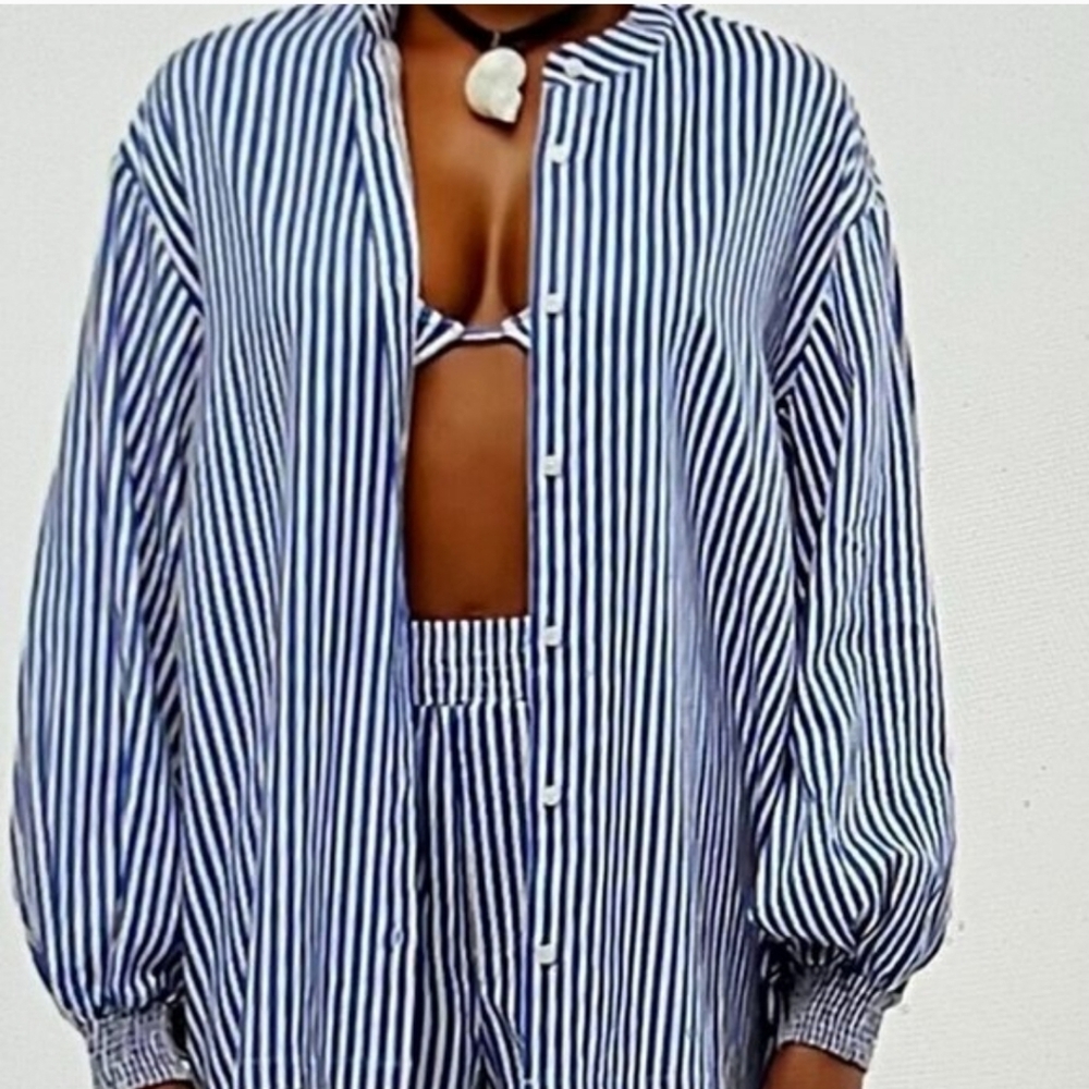 WeWoreWhat NWT‎ Blue Stripe Billow Sleeve Button Up Blouse Size Medium